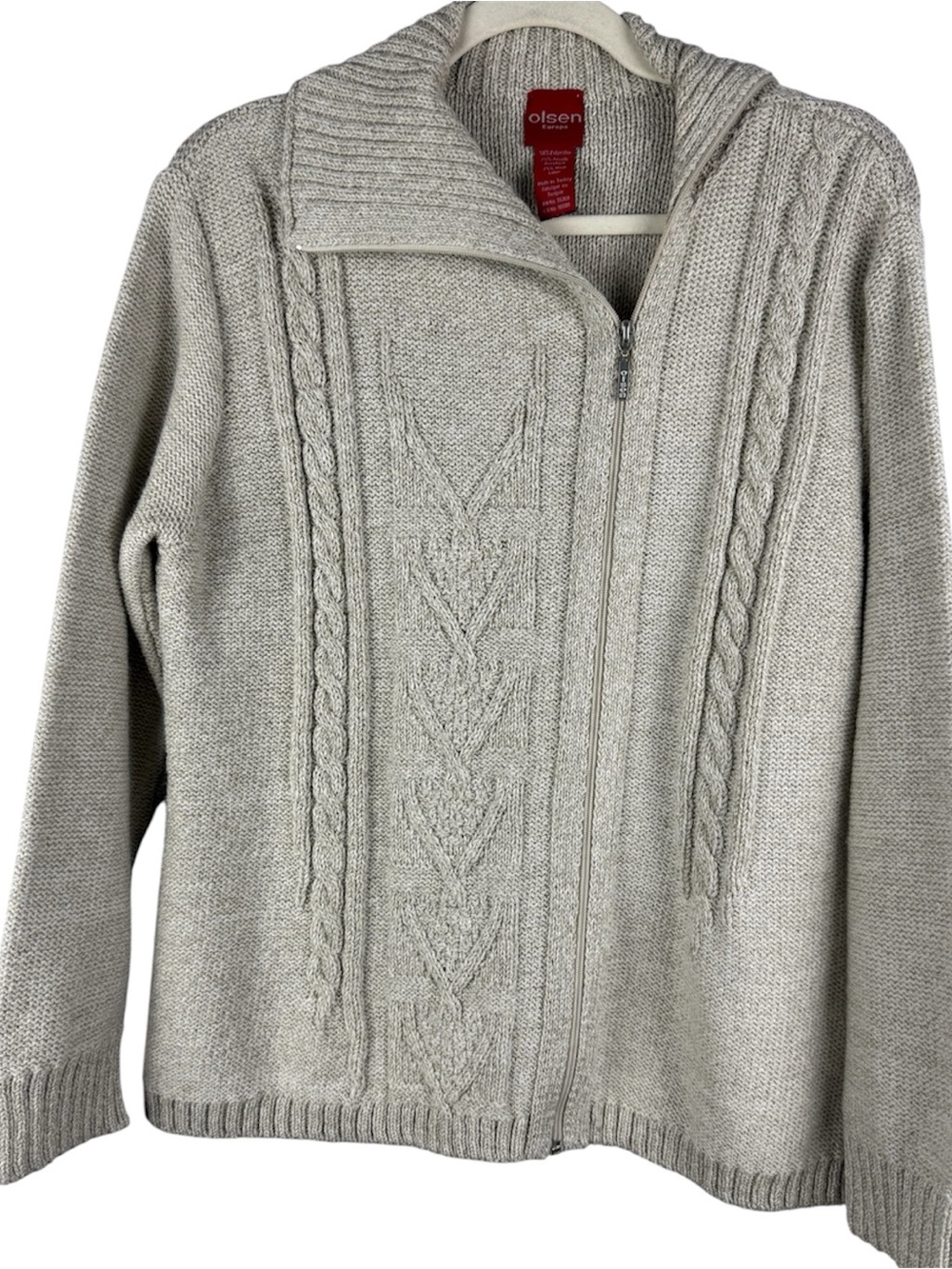 Olsen Europe Wool Blend Cable Knit Full Zip Sweater Jacket Cardigan Beige US 12
